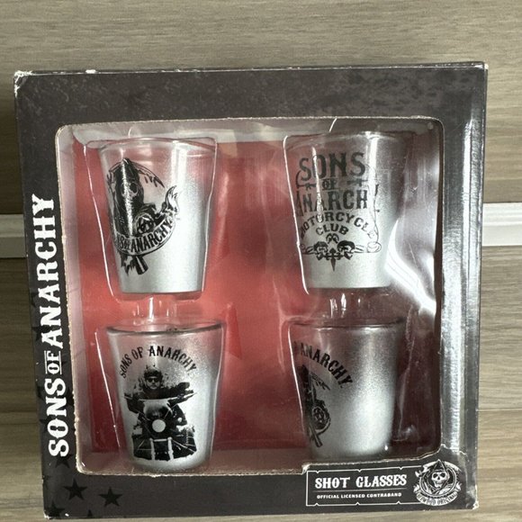 Sons of Anarchy Motorcycle Club‎ 4 Shot Glass Set Officially Licensed Contraband - Picture 1 of 10
